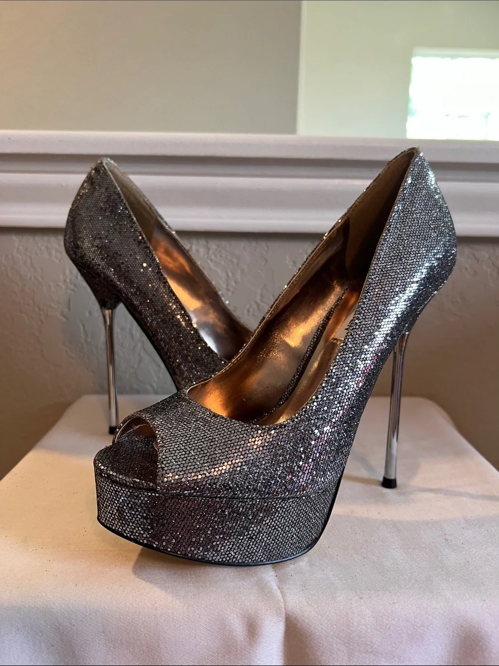 Steve Madden Gunmetal Glitter Peep-Toe Platform Heels